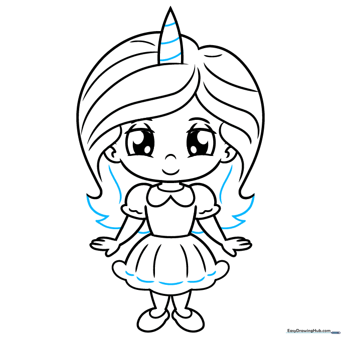 The finished line art of the unicorn girl with all details and textures completed.