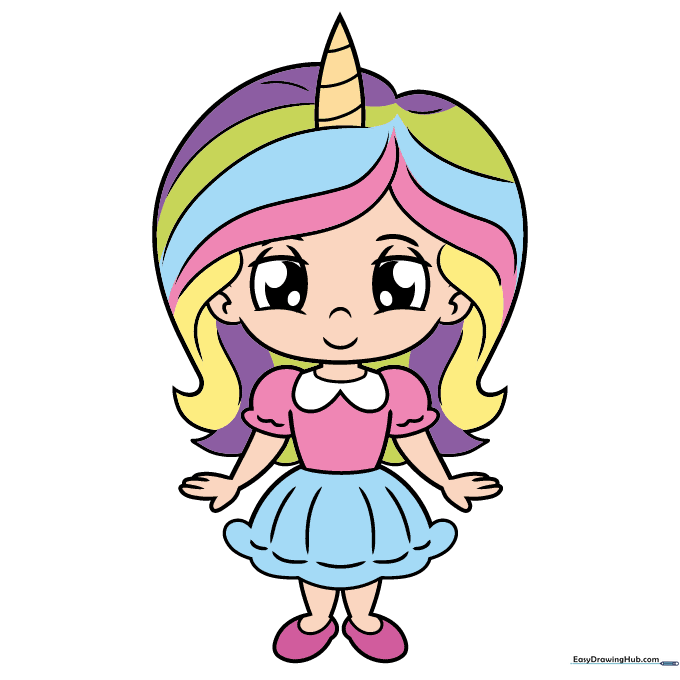 The fully colored unicorn girl character with rainbow hair and a colorful dress.