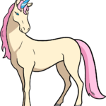 A colorful, finished drawing of a magical unicorn standing in a friendly pose.