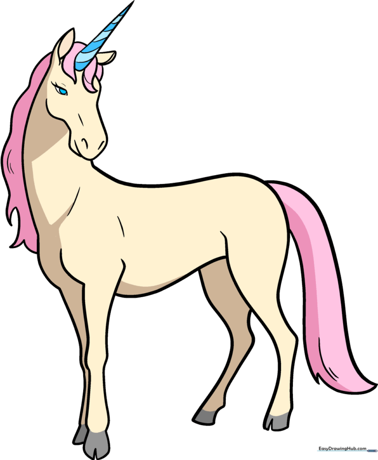A colorful, finished drawing of a magical unicorn standing in a friendly pose.