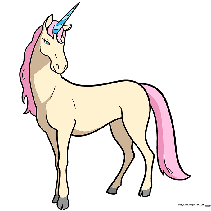 A fully colored, cute cartoon unicorn with a pink mane, blue horn, and white body.