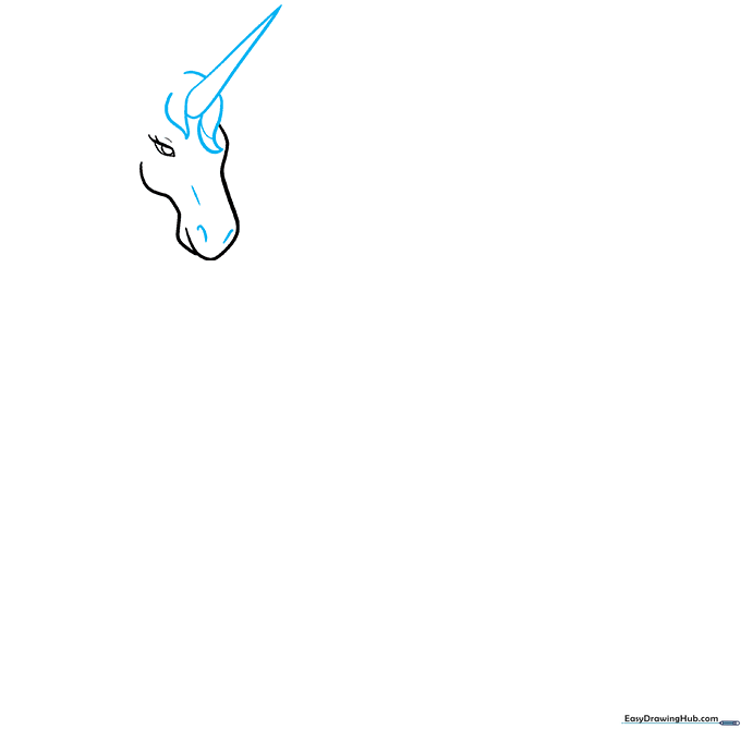 Drawing the unicorn's horn as a triangle and adding initial mane tufts near the forehead.