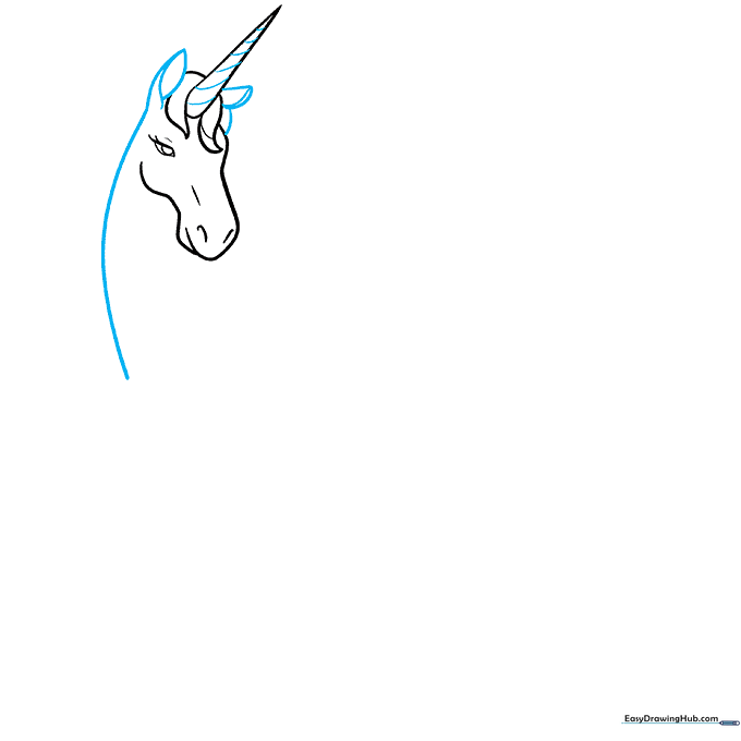 Adding pointed ears to the unicorn head and extending a curved line to form the neck.