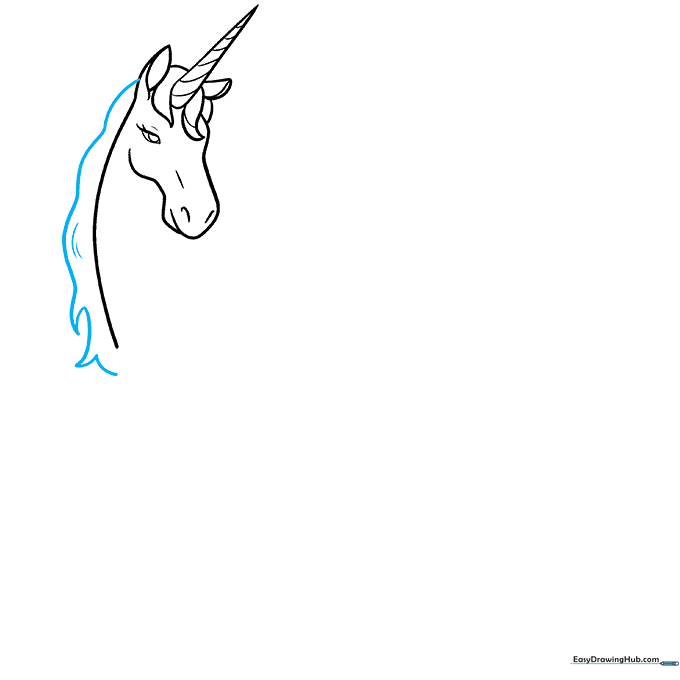 Adding flowing, jagged hair strands to the unicorn's neck to create a full mane.