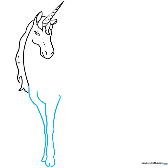 Drawing the front legs of the unicorn with visible knee joints and cleft hooves.