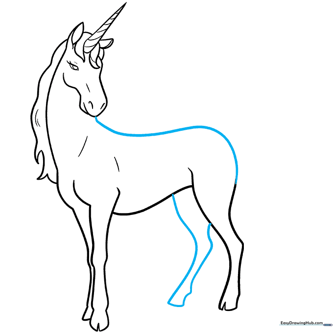 Outlining the back of the unicorn and adding the final rear leg to complete the body shape.