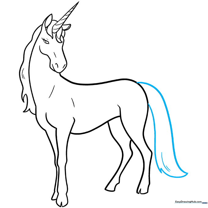 Adding a long, flowing tail with jagged lines to complete the unicorn's silhouette.