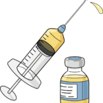 A vibrant, finished illustration of a vaccine set, featuring a medicine vial and a syringe, presented as a clear drawing guide.