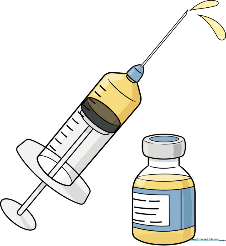 A vibrant, finished illustration of a vaccine set, featuring a medicine vial and a syringe, presented as a clear drawing guide.