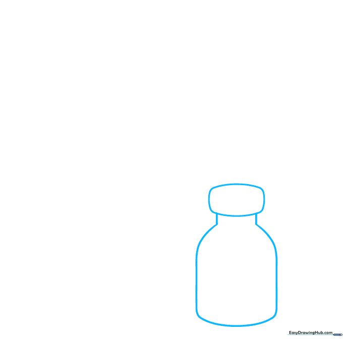 Pencil sketch showing the initial outline of a medicine vial with a rounded cap.