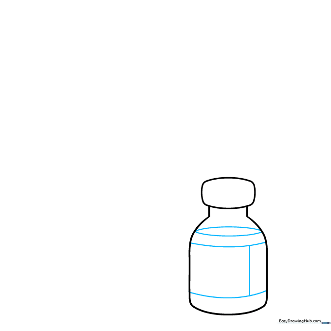 Adding horizontal bands and a liquid level line to the medicine bottle sketch.