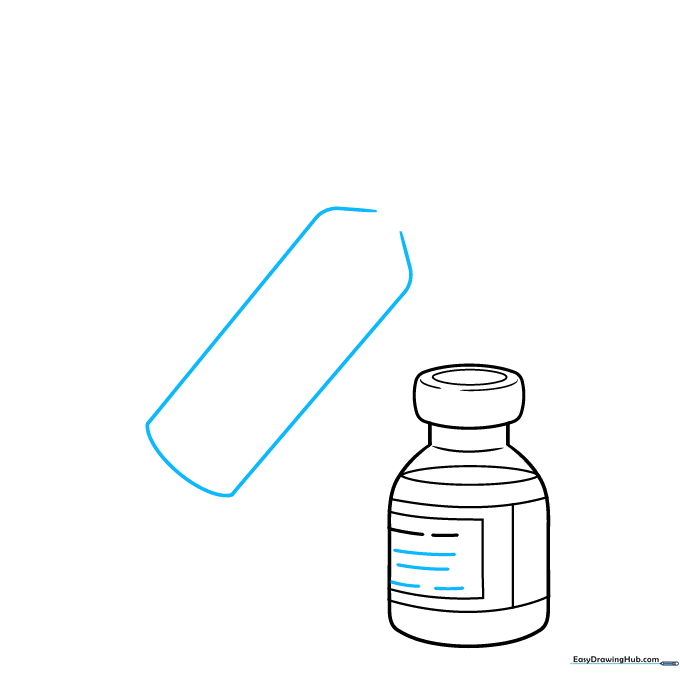 Sketching the rectangular body of a syringe next to the medicine bottle.