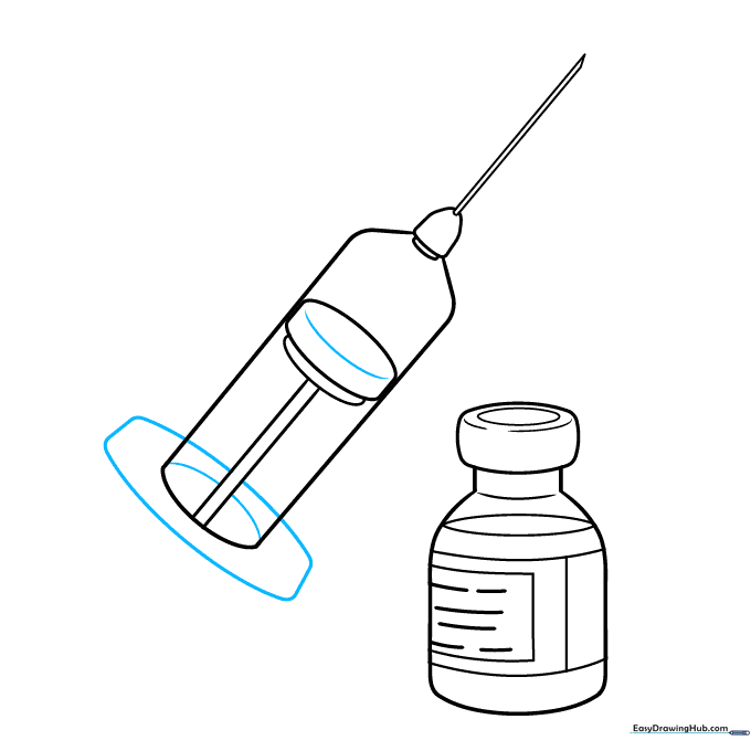 Completing the syringe handle with a curved grip and plunger end.