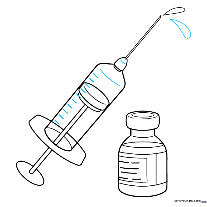 Finalizing the drawing with additional liquid droplets and measurement markings on the syringe.