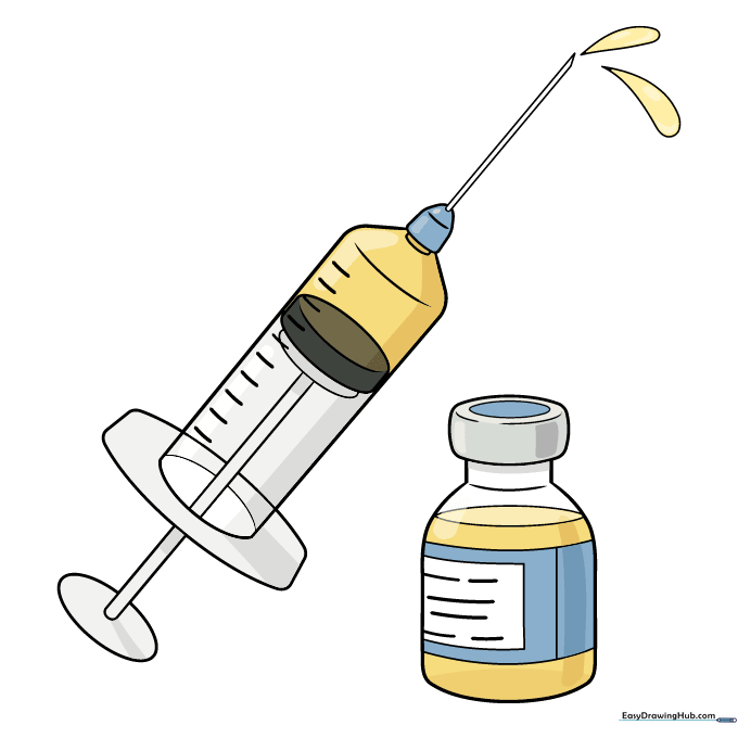 A fully colored and finished drawing of a vaccine bottle and syringe.