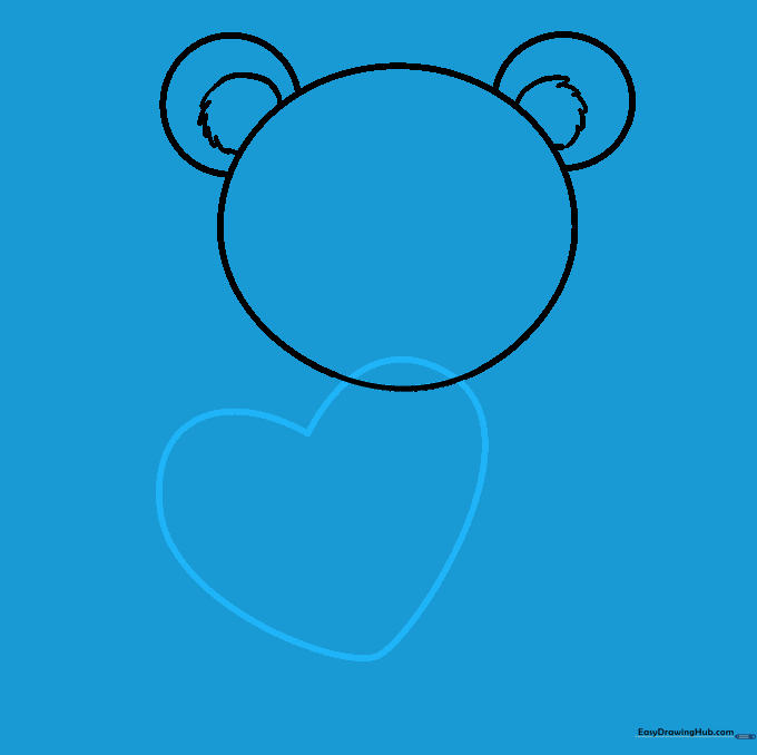 A heart shape drawn overlapping the lower portion of the bear's head.