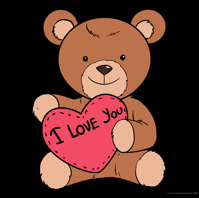 The completed, colored teddy bear drawing with vibrant heart details.
