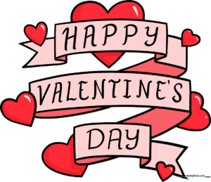 A colorful, finished Valentine's Day card drawing with a banner and hearts.