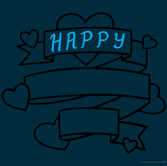 Writing the word HAPPY in block letters on the top banner segment.