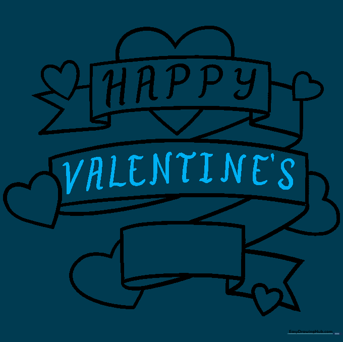 Writing the word VALENTINE'S in block letters on the middle banner segment.
