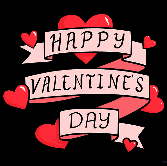 The final colored Valentine's Day card drawing featuring red and pink tones.