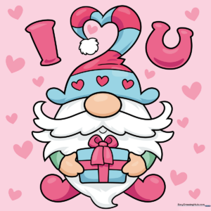 A colorful, finished Valentine's Day gnome card drawing featuring a cute gnome holding a gift.