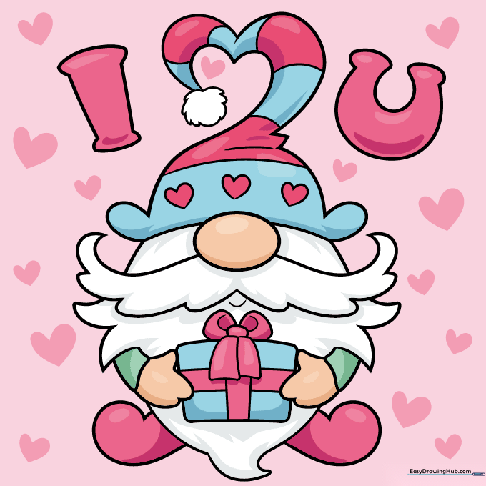 Final colored version of the Valentine's Day gnome card with red and pink accents.