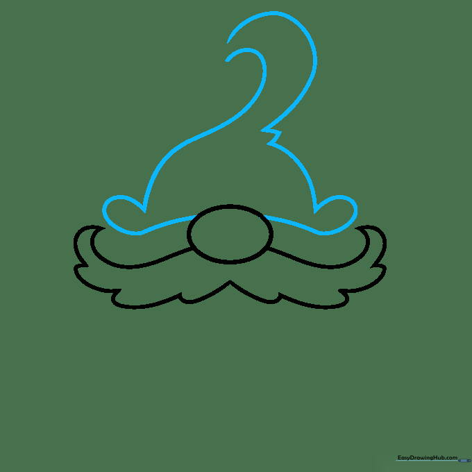 Drawing of a floppy gnome hat outline sitting above the nose and mustache.