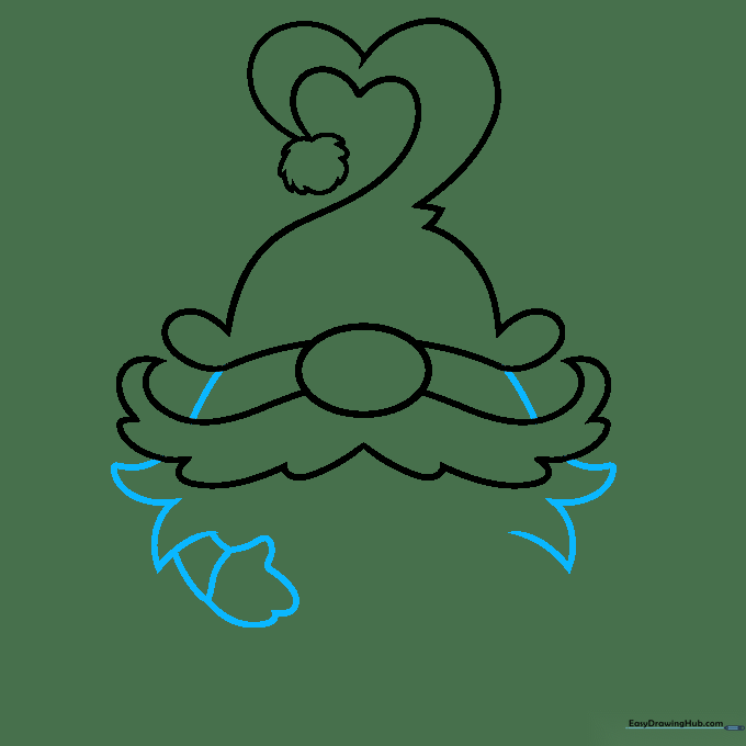 Gnome drawing showing the face enclosure, initial beard spikes, and arm outlines.