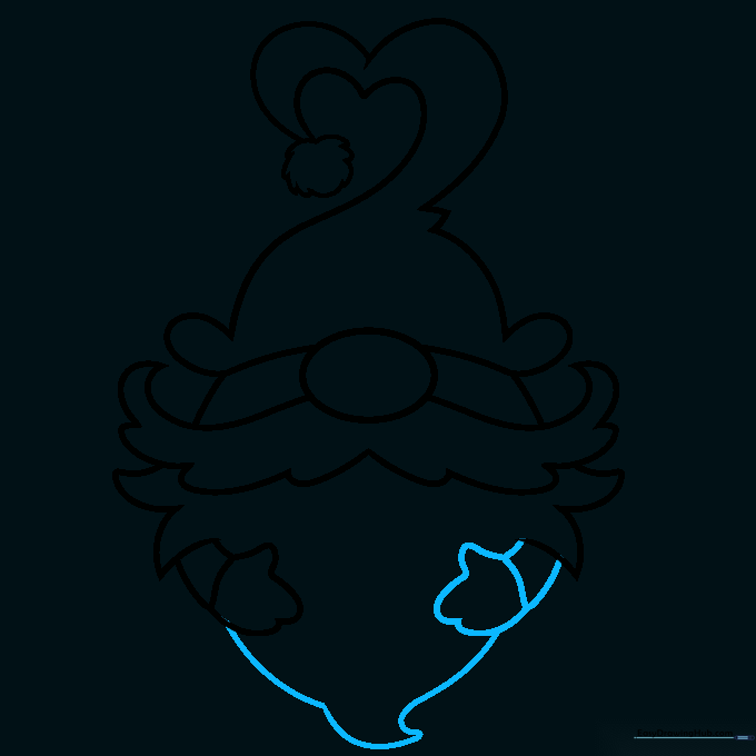 Gnome drawing with completed arms and a full, pointed beard shape.