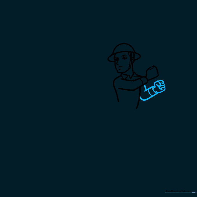 Detailing the second arm and the soldier's hand formed into a fist.