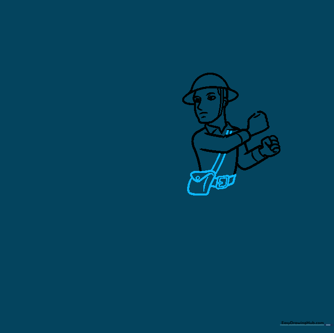 Adding the soldier's belt, buckle, and utility pouch to the uniform.