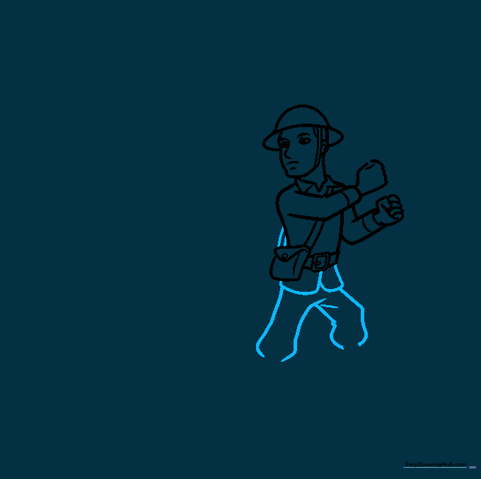 Drawing the strap, shirt hem, and trouser legs for the soldier.