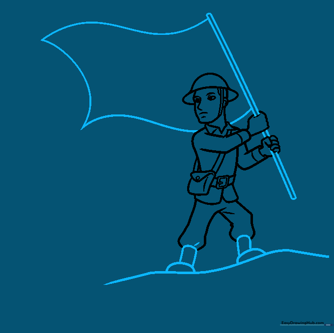 Adding boots, a ground line, and the flagpole held by the soldier.