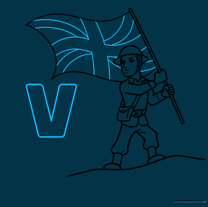 Detailing the Union Jack flag and a large letter V on the drawing.