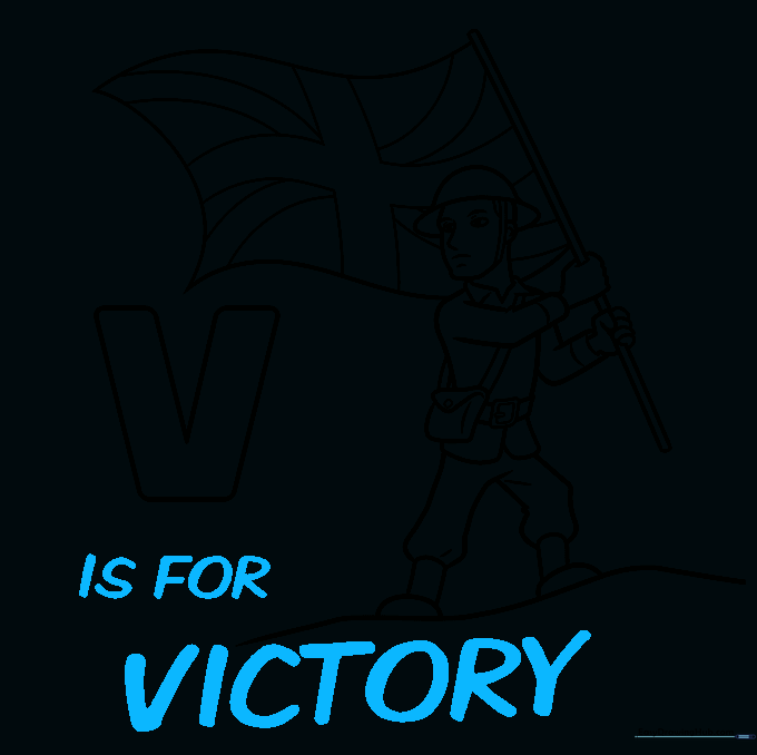 Adding the text 'IS FOR VICTORY' to complete the commemorative card design.