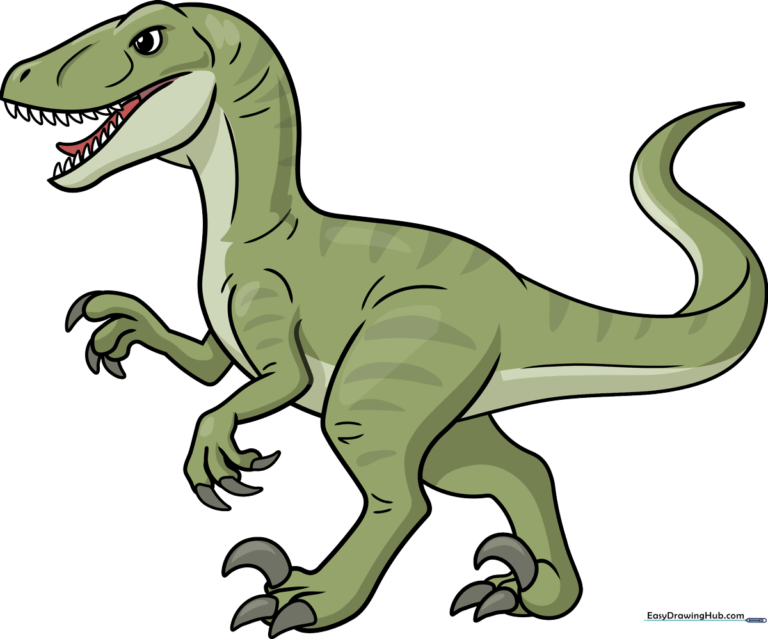 A vibrant, finished cartoon Velociraptor drawing, showcasing the final result of the tutorial.