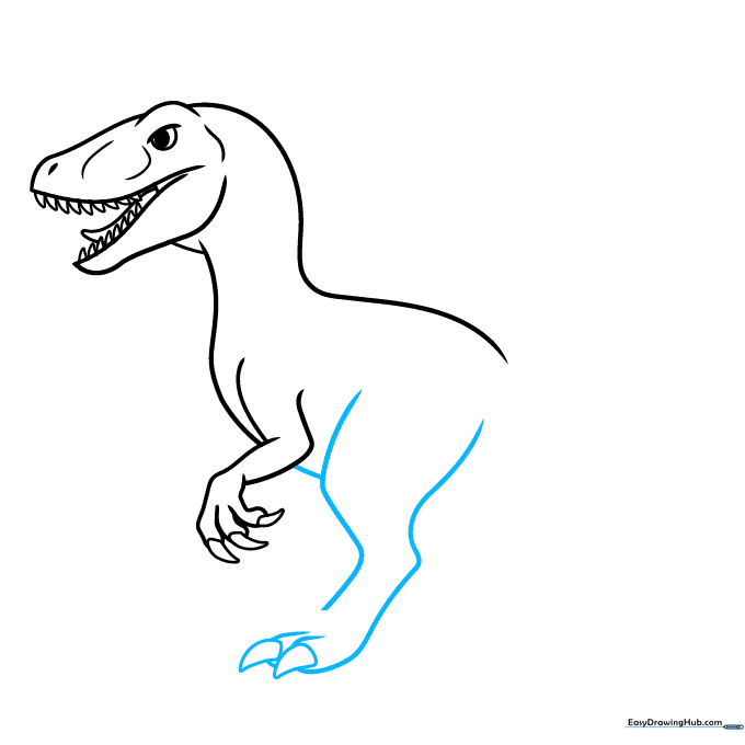 Outlining the powerful, muscular rear legs of the dinosaur.