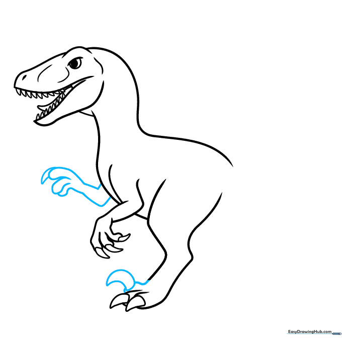 Focusing on the Velociraptor's signature sickle-shaped claw on the rear foot.