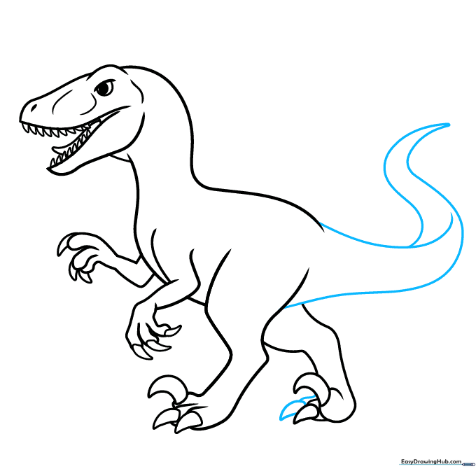 Sketching the long, tapering tail of the Velociraptor to show balance.