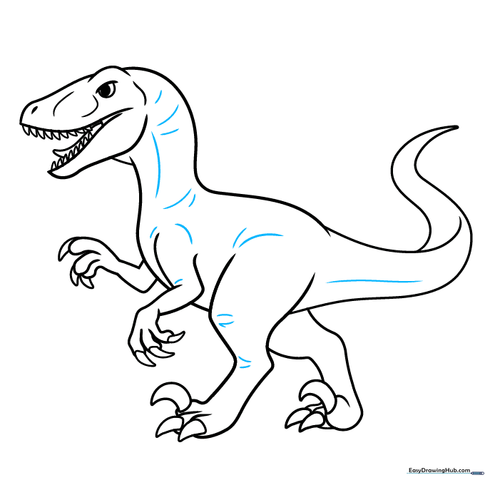 The completed line art of the Velociraptor, ready for coloring.