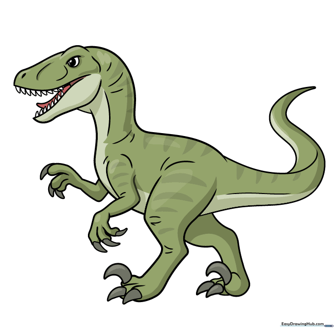 A fully colored Velociraptor drawing with stripes and natural tones.