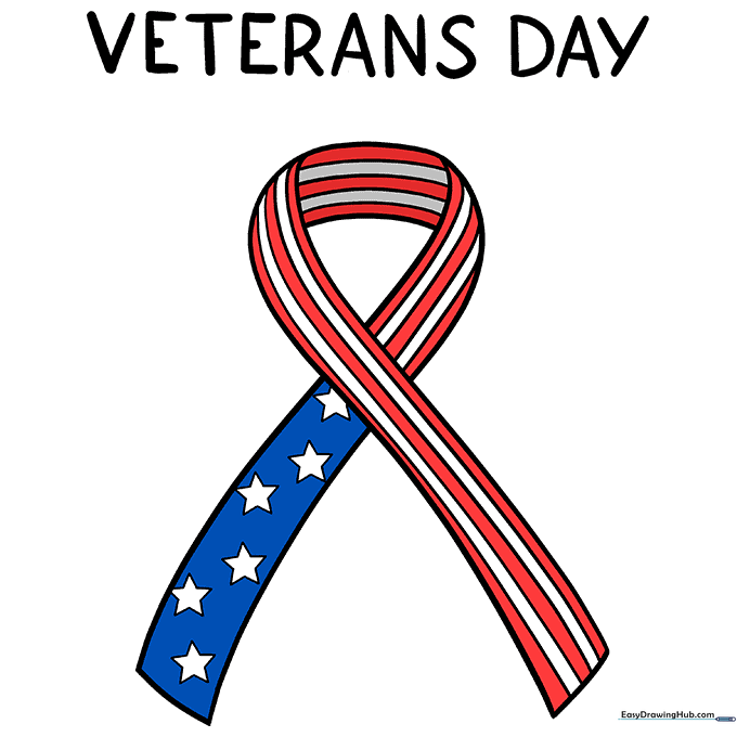Final colored Veterans Day ribbon drawing with red stripes and a blue star field.