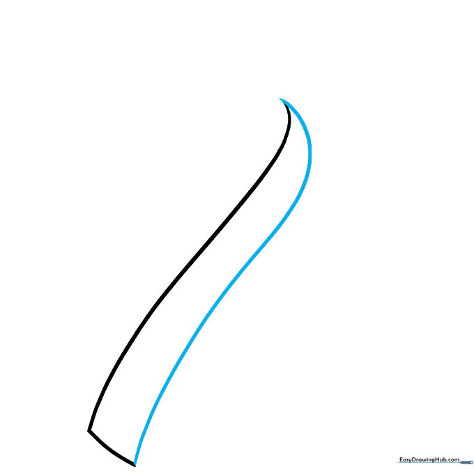 Drawing a second curved line meeting the first at a point to represent a ribbon fold.