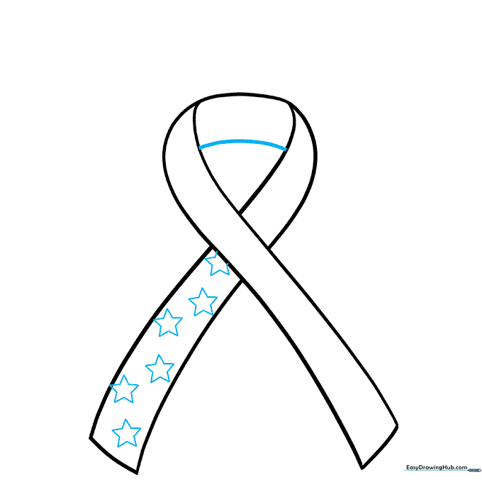 Adding five-pointed stars to the upper section of the ribbon drawing.