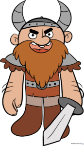 A colorful, friendly cartoon Viking standing with a sword, ready for a drawing tutorial.