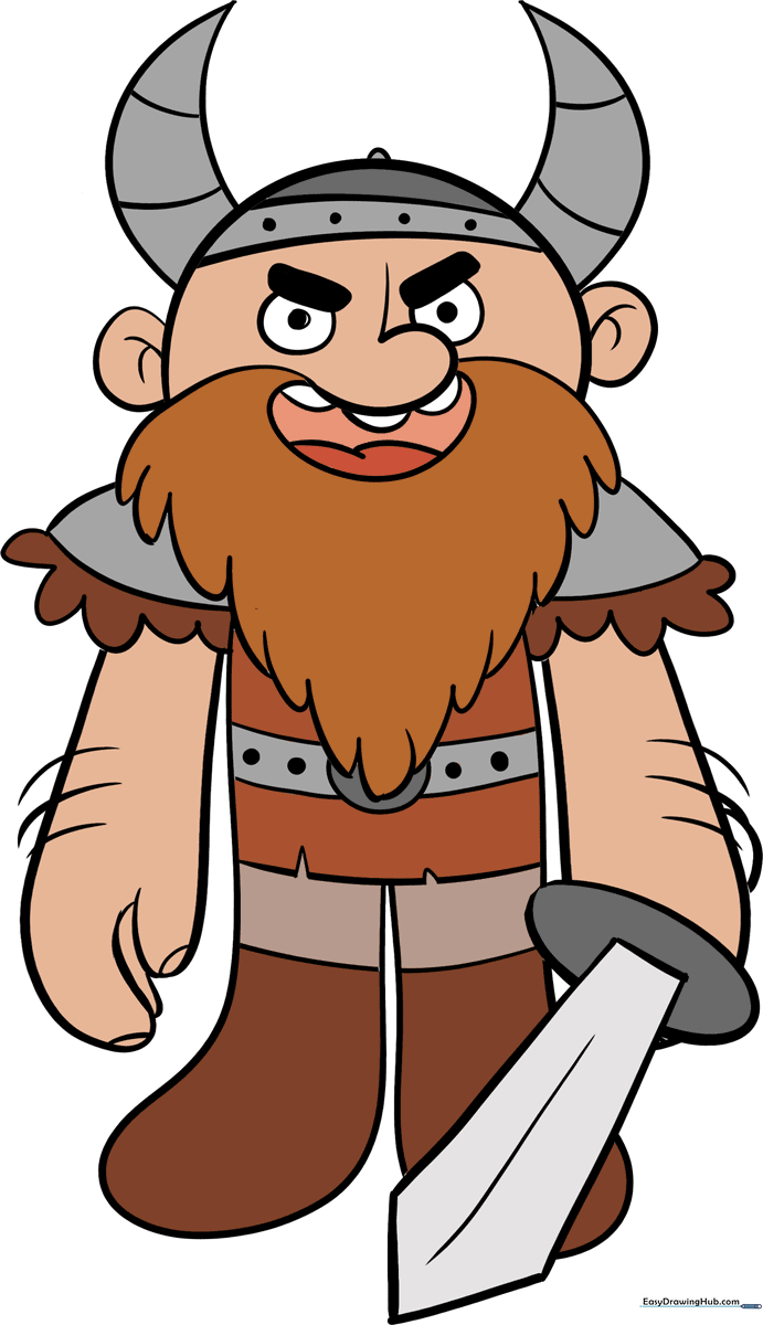 A colorful, friendly cartoon Viking standing with a sword, ready for a drawing tutorial.