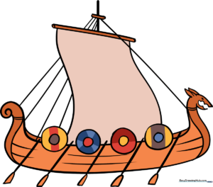 Colorful illustration of a Viking ship sailing on the sea.