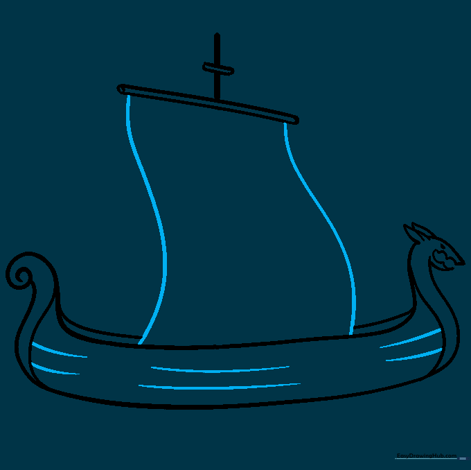 Drawing the sail and planking details on the Viking ship.