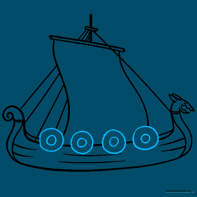 Adding circular shields along the side of the Viking ship.